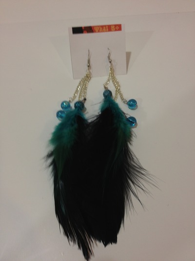 Bead and feather earrings - teal and black