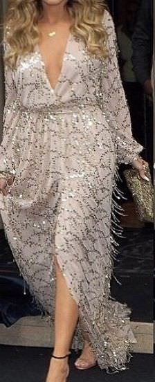 Gold Sparkle Sequined Fringed V-Neck Maxi Dress