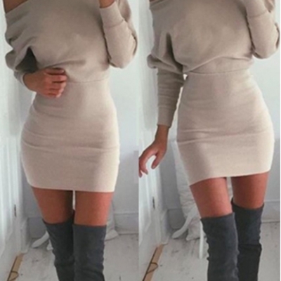 Khaki long sleeve skew neck mini dress