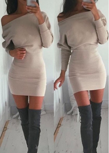 Khaki Long Sleeve Skew Neck Mini Dress