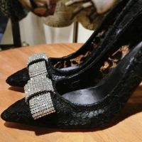 Sparkling Rhinestone Crystal Wedding Bridal Black Satin Bow Shoe Clips Pair  - Thumbnail 1