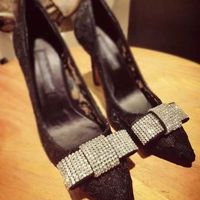 Sparkling Rhinestone Crystal Wedding Bridal Black Satin Bow Shoe Clips Pair  - Thumbnail 2