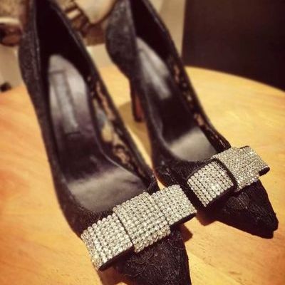 Sparkling rhinestone crystal wedding bridal black satin bow shoe clips pair 