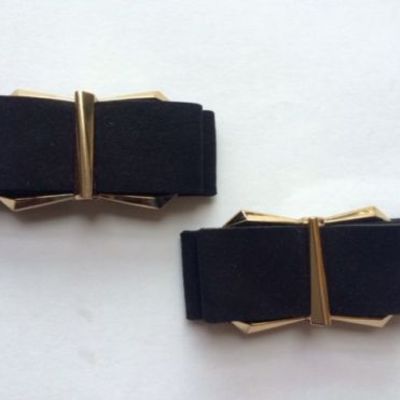 A pair black velvet ribbon bow gold metal wedding bridal shoe clips