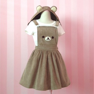 Brown bear embroidery removable ear hats cute strap dress