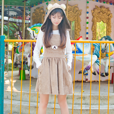Brown bear embroidery removable ear hats cute strap dress