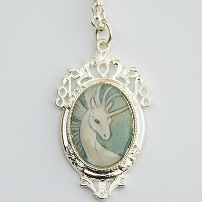 Ooak watercolor unicorn pendant necklace "windswept"