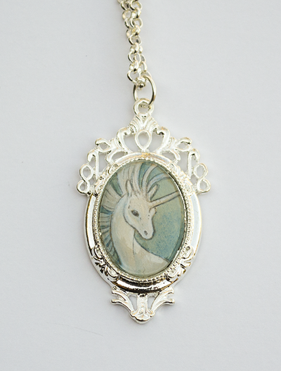 OOAK watercolor unicorn pendant necklace "Windswept"