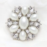 White Faux Pearl Crystal Rhinestone Wedding Dress Belt Bridal Round Brooch Pin - Thumbnail 1