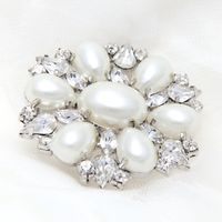 White Faux Pearl Crystal Rhinestone Wedding Dress Belt Bridal Round Brooch Pin - Thumbnail 2