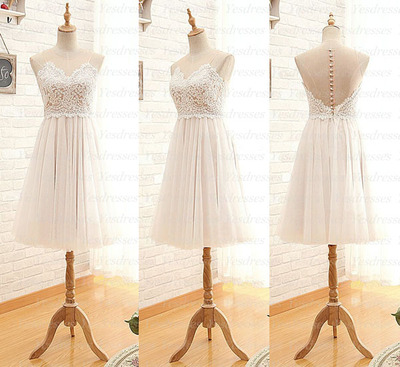 short prom dress, white prom dress, pretty bridesmaid dress, junior prom dress, lace prom dress, cheap prom dress,  PD15307