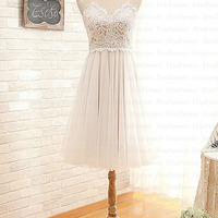 short prom dress, white prom dress, pretty bridesmaid dress, junior prom dress, lace prom dress, cheap prom dress,  PD15307 - Thumbnail 1