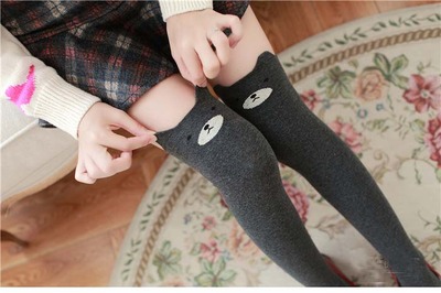 Dark Grey Bear Thigh High Socks