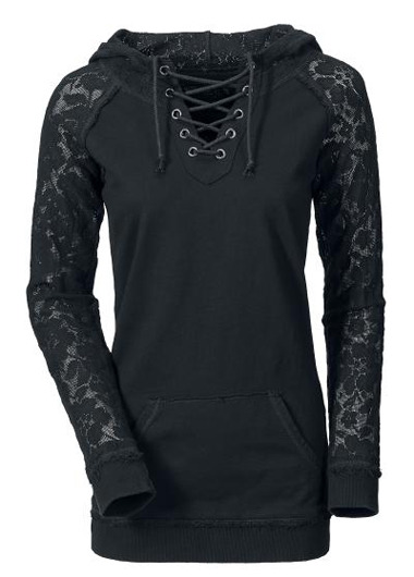 Black Lace Splicing Hooded Collar Sweats
