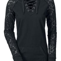 Black Lace Splicing Hooded Collar Sweats