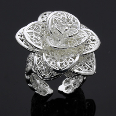 Silver Flower Decorated Pierced Open Ring