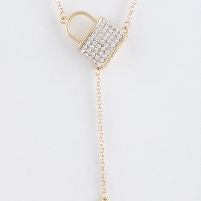 Crystal encrusted lock charm with key ornate drop necklace 