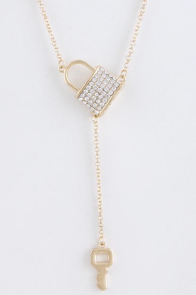 CRYSTAL ENCRUSTED LOCK CHARM WITH KEY ORNATE DROP NECKLACE 