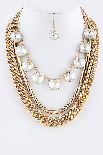 RHINESTONE LINK MULTI CHAIN NECKLACE SET