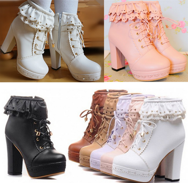 Fashion Falbala Thick Platform Heels Short Boots 