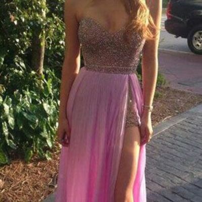 Sexy pink prom dresses,beaded homecoming dress,sexy beaded slit cocktail party dress,pink graduation dress