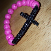Pink Howlite Beaded Black Crystal Cross Bracelet 