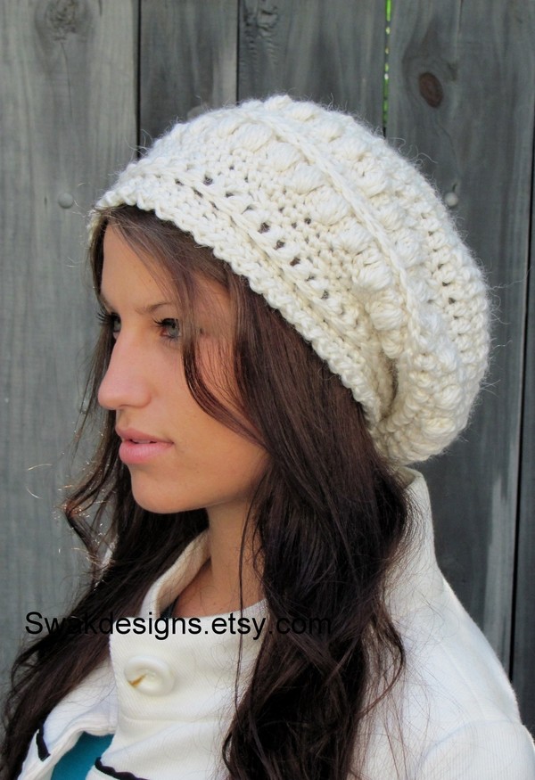 Slouchy Bobble Hat Slouchy Beanie Cap Handmade Knit Cap Alpaca Soft Wool Beanie Winter White or CHOOSE Your color 