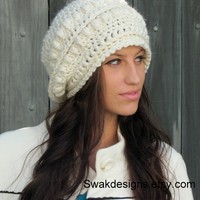Slouchy Bobble Hat Slouchy Beanie Cap Handmade Knit Cap Alpaca Soft Wool Beanie Winter White or CHOOSE Your color  - Thumbnail 1