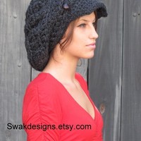 Slouchy Hat Womens Hat Two Button Band Newsboy Cap Handmade Chunky Hat Charcoal Gray or CHOOSE color Best Seller - Thumbnail 1