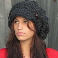 Slouchy Hat Womens Hat Two Button Band Newsboy Cap Handmade Chunky Hat Charcoal Gray or CHOOSE color Best Seller - Thumbnail 2