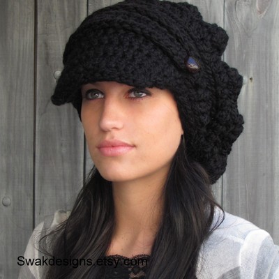 Black slouchy hat womens hat two button band newsboy cap handmade chunky hat or choose color best seller