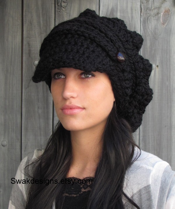 Black Slouchy Hat Womens Hat Two Button Band Newsboy Cap Handmade Chunky Hat or CHOOSE color Best Seller