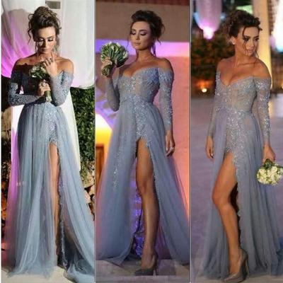 Long prom dress, gray prom dress, lace prom dress, off shoulder v-neck prom dress, side slit sexy prom dress, evening dress, bd1508