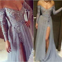 long prom dress, gray prom dress, lace prom dress, off shoulder v-neck prom dress, side slit sexy prom dress, evening dress, BD1508 - Thumbnail 2