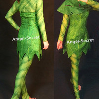 P456 Green Tinkerbell flannel leaf print dress Costume custom made women adult - Thumbnail 1