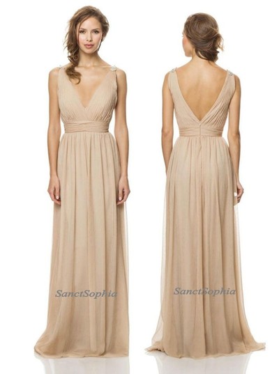 Full Length V-neckline Champagne Bridesmaid Dresses,Elegant Chiffon Prom Dresses,V-neckline Evening Dresses