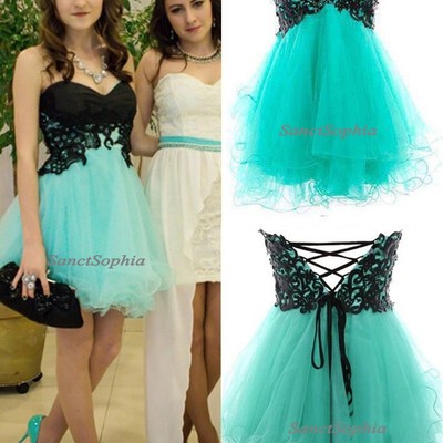 Knee length mint green homecoming dress,sexy black lace graduation dress