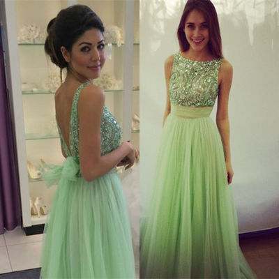 V-back beaded prom dresses,light green graduation dresses,beaded evening party dresses