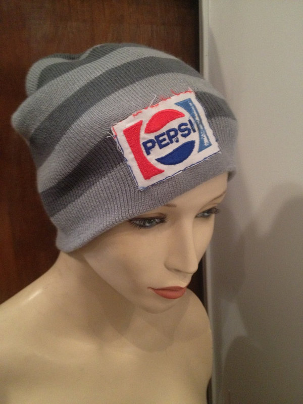 Striped grey pepsi appliqué patch beanie up cycled