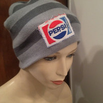 Striped grey pepsi appliqué patch beanie up cycled