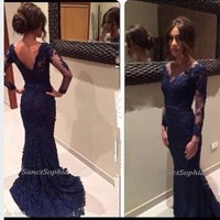 Long Sleeves Navy Blue Lace Prom Dresses, V-neckline Evening Dresses,Mermaid Navy Blue Lace Graduation Dresses - Thumbnail 1