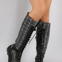 Tweed Combat Lace Up Knee High Boots Size 9M