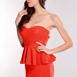 Coral Sequin Peplum Dress - Thumbnail 2