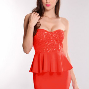 Coral Sequin Peplum Dress
