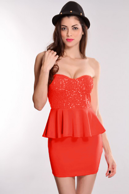 Coral Sequin Peplum Dress