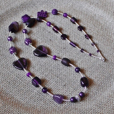 29" hearts deep purple amethyst stone glass collage long sweater necklace