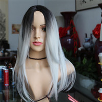 Black To Grey Ombre wig Heat Resistant Fiber Synthetic Wig - Thumbnail 1