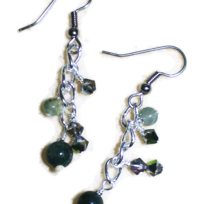 Silver chain, green jasper, and crystal dangle earrings