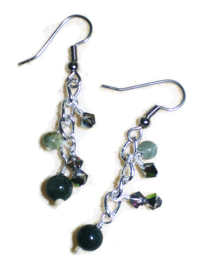 Silver Chain, Green Jasper, and Crystal Dangle Earrings