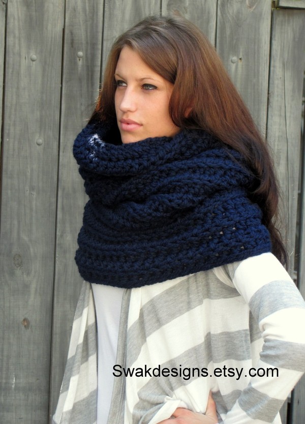 Hooded Scarf Chunky Cowl Handmade Knit Scarf The Noni Tunnel Cowl Thick Scarf Unisex Scarf Navy Blue or Choose your Color